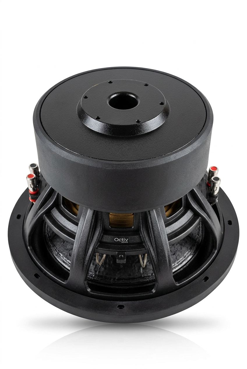 Octiv Audio Model 2 subwoofer angled rear view on white background