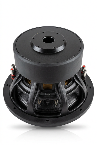 Octiv Audio Model 2 subwoofer angled rear view on white background