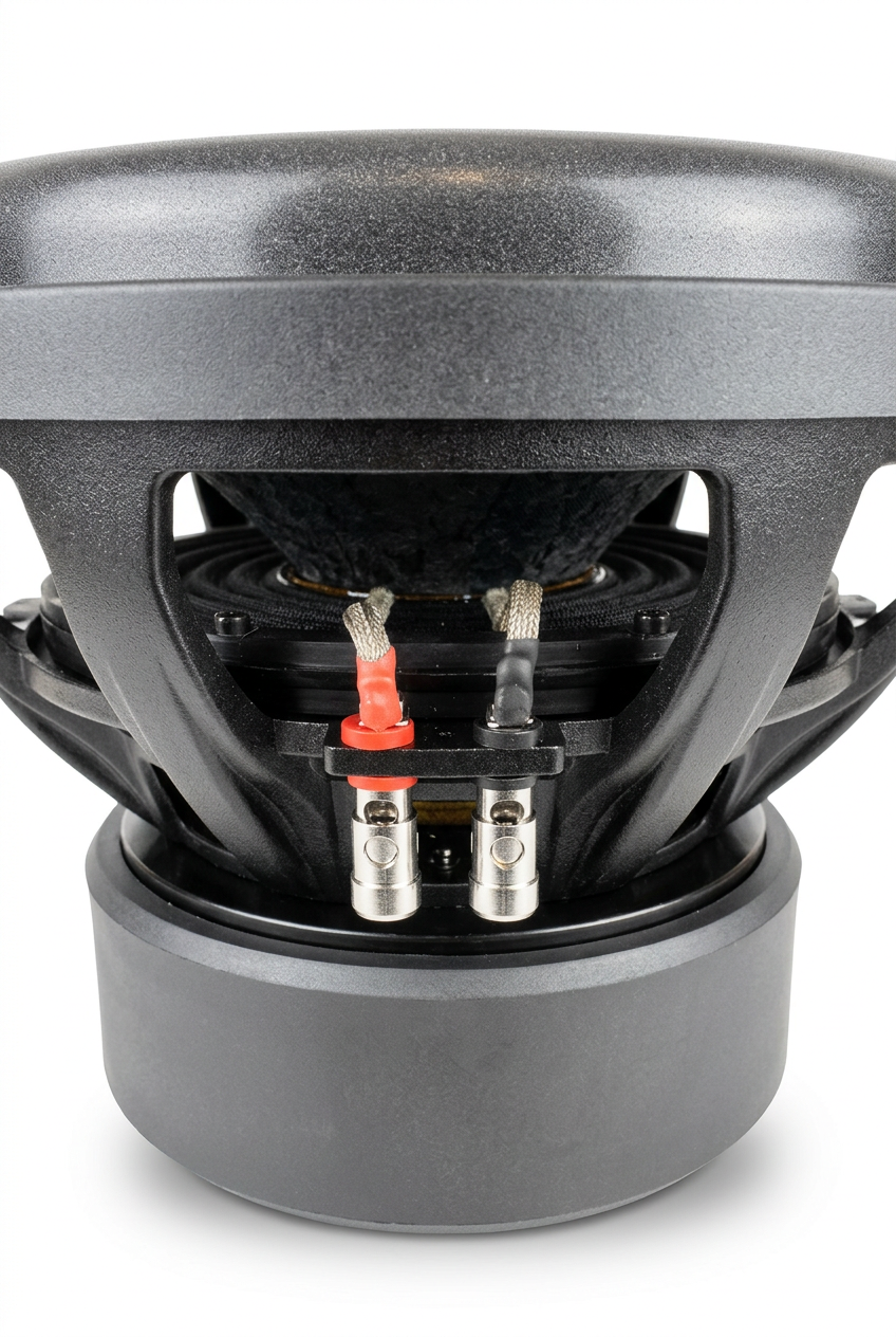 Octiv Audio Model 2 subwoofer terminal detail on white background