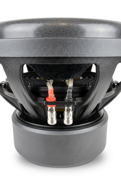 Octiv Audio Model 2 subwoofer terminal detail on white background